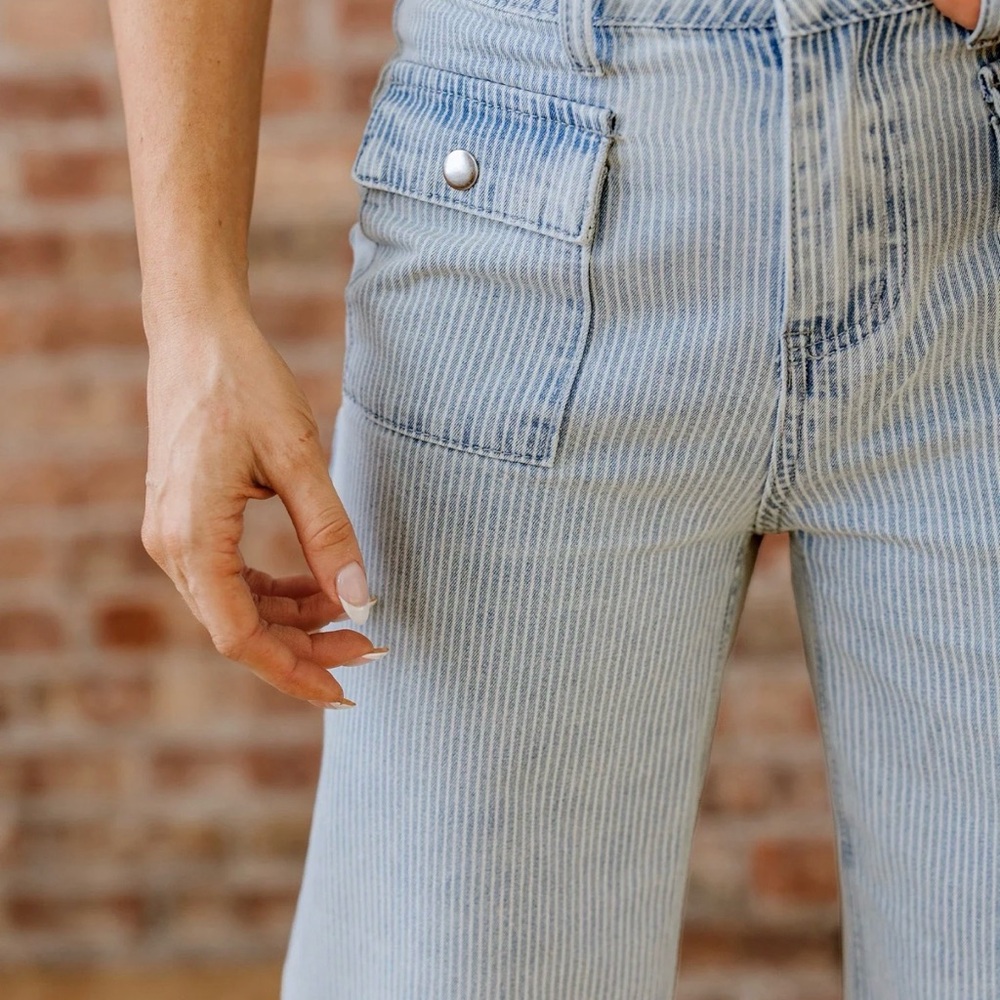 Striped Light Blue Wide-Leg Jeans with Snap Pocket